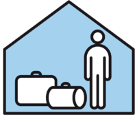 Der Umriss von einem Haus. Links im Haus steht eine Person. Auf der rechten Seite steht eine Tasche und ein Koffer.